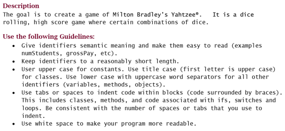 Program to create a game of Milton Bradley’s Yahtzee in java language