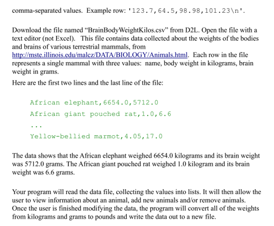 program to implement data reading of body weights of terrestrial mammals in python